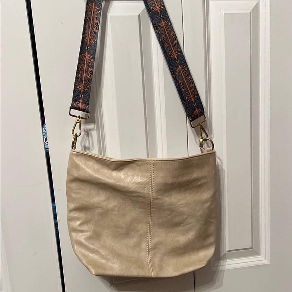 Beige Hobo Bag with Patterned Strap
